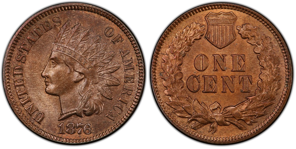 1876 Indian Head penny obverse and reverse showing Liberty in feathered headdress and oak wreath ONE CENT reverse