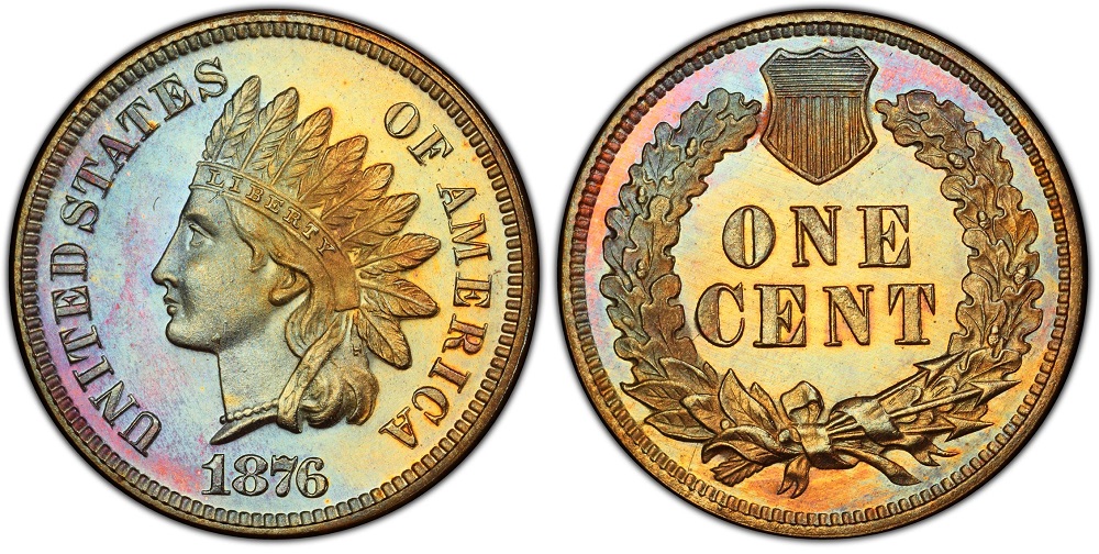 1876 Indian Head cent comparison: standard business strike (left) versus proof strike (right) showing mirror fields and sharp square rim