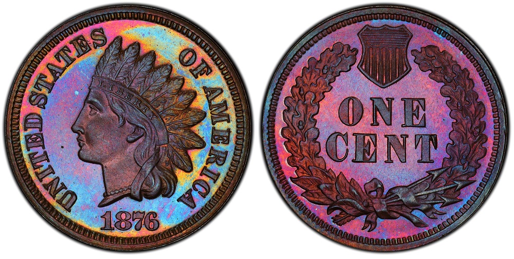 1876 Indian Head cent proof coin showing deeply mirrored fields and frosted cameo Liberty portrait and oak wreath reverse