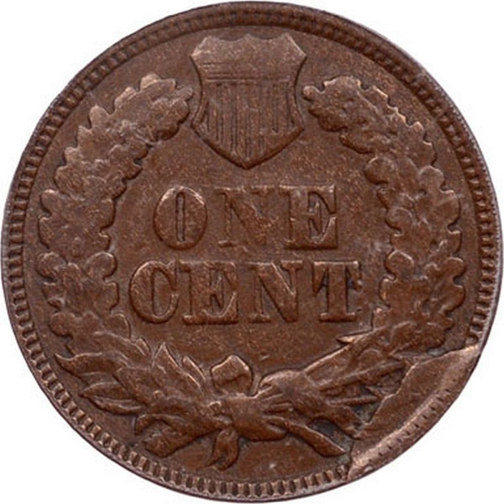1876 Indian Head penny Variety 2 showing partial cud at 8:15–9:00 reverse position and multiple obverse die cracks at 4:30, 7:00, and 9:00 clock positions