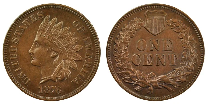 Group of 1876 Indian Head cents showing various grades from Good to uncirculated, illustrating the survival rate across conditions