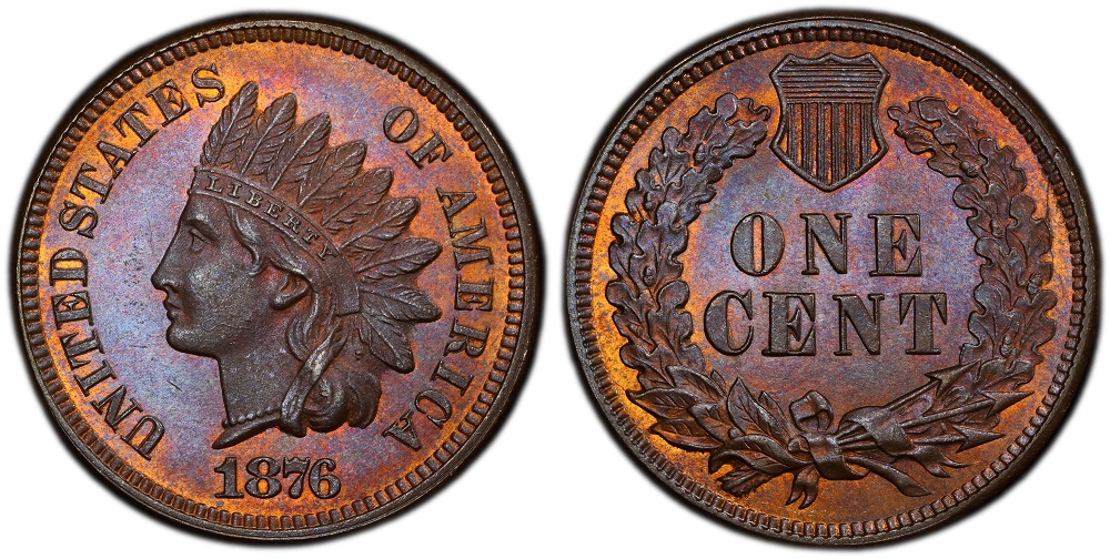 1876 Indian Head penny grading strip showing four coins from Good through Uncirculated, illustrating wear progression on headdress feathers, LIBERTY lettering, and cheekbones